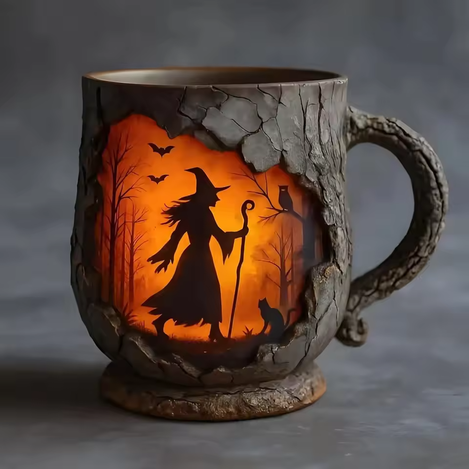Taza Halloween 3D Artesanal – Design Bruxa y Gato