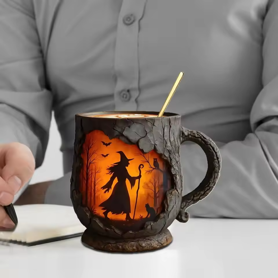 Taza Halloween 3D Artesanal – Design Bruxa y Gato