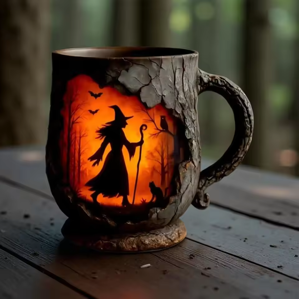 Taza Halloween 3D Artesanal – Design Bruxa y Gato