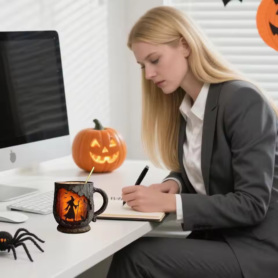 Taza Halloween 3D Artesanal – Design Bruxa y Gato