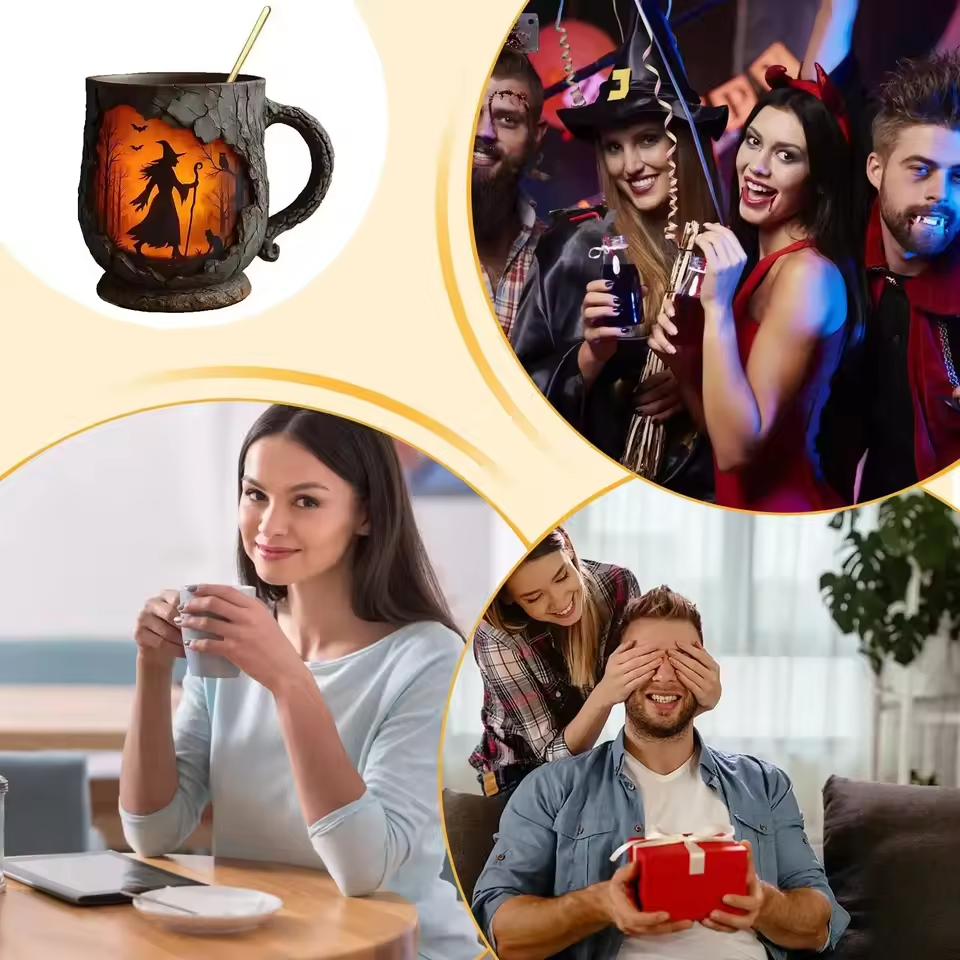 Taza Halloween 3D Artesanal – Design Bruxa y Gato